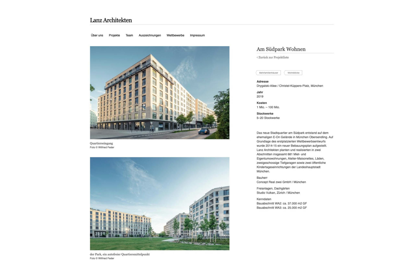 Website von Lanz Architekten, Architekturfotografie der Wohnanlage Südpark.